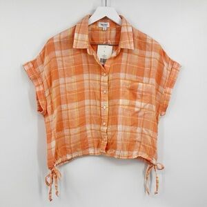 True Craft Orange Plaid Cropped Button Shirt Size Large Linen Blend
